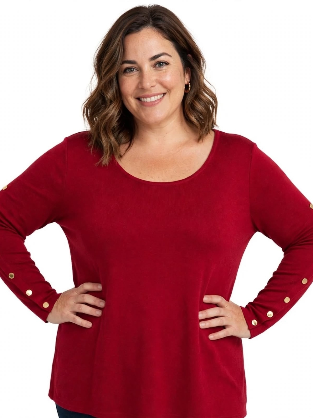 Chico's Red Tunic Top Size 3/ XL 16 Gold Button Sleeve Detail Scoop Neck Stretch